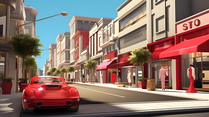View of the city street with a red sports car. 3d rendering