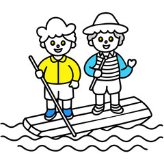Children on the boat line art coloring page