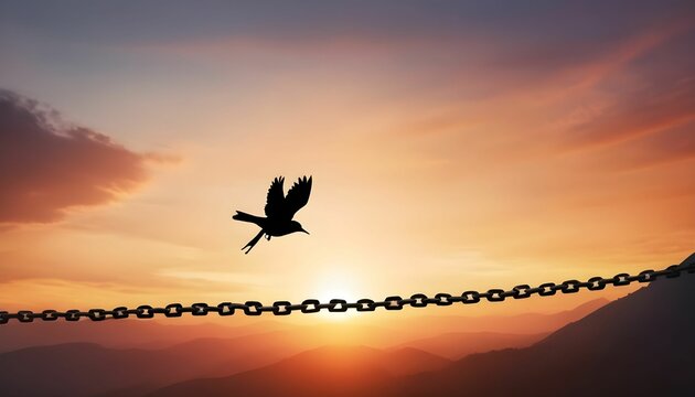 World freedom day concept Silhouette of bird flying and broken chains at autumn mountain sunset background created with generative ai.