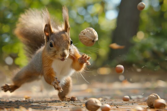 A playful squirrel chasing a nut. Close-up.