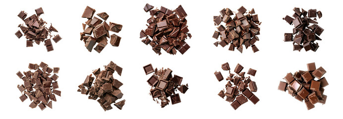 Various chopped dark chocolate pieces, cut out transparent - obrazy, fototapety, plakaty