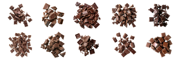 Various chopped dark chocolate pieces, cut out transparent