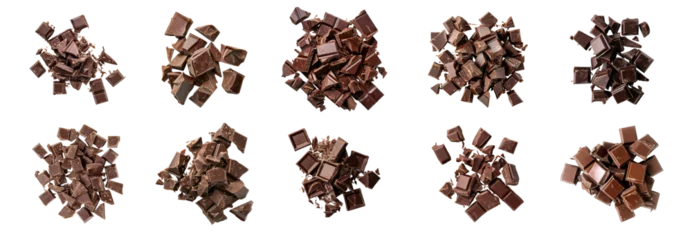 Fotobehang Various chopped dark chocolate pieces, cut out transparent © Andrii