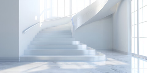 A white building with curves and reflections on it Minimalist architectural scene showcasing the elegance of a single white staircase.