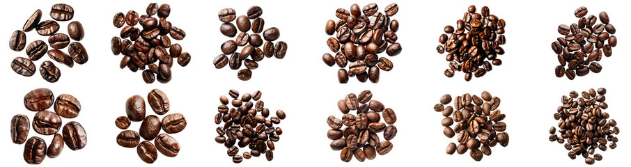 Naklejka premium Collection of roasted coffee beans in various arrangements, cut out transparent