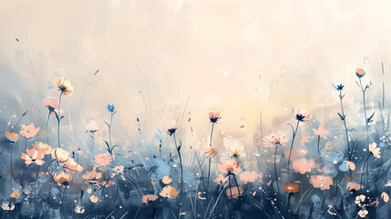Painted landscape of wild flowers on sunny day light bokeh background