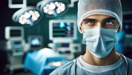 Fototapeta na wymiar professional medical surgeon in an operating room. The focus is on the surgeon's eyes,