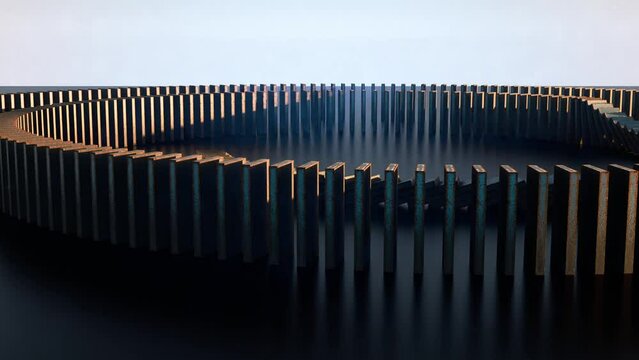 falling dominoes whose fall stops at a small but brave little one - 3D animation