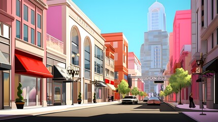 3d render of a city street with shops, restaurants and stores