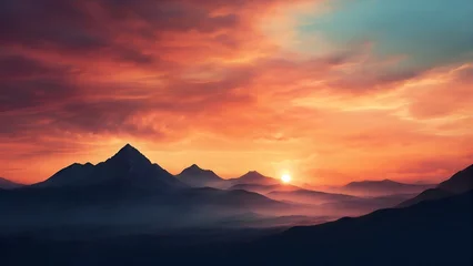 Fototapeten Sunset over the mountains, scenic landscape dramatic red sky, beautiful nature epic background © KatBaid