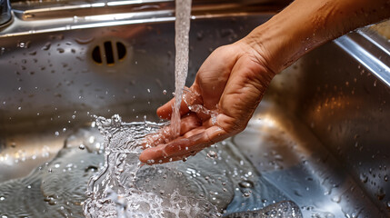Close up of a hand testing water temperature in a sink