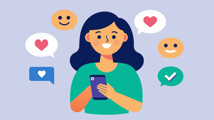A woman is smiling at her phone screen scrolling through different social media platforms to engage with her followers and respond to comments.
