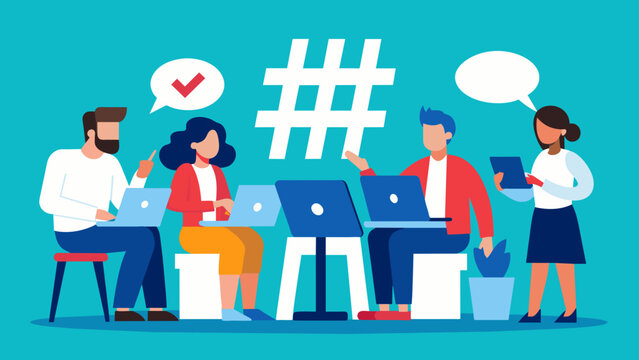 A group of business professionals brainstorming popular and trending hashtags to elevate their brands online presence and attract new customers.
