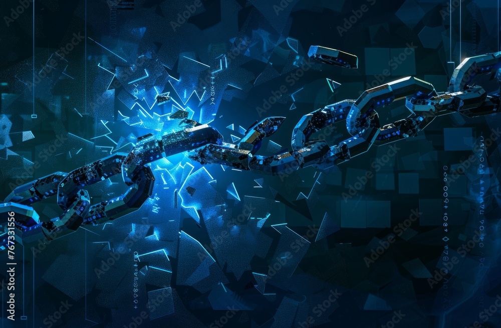 Poster digital blue background with a broken chain and binary code, symbolizing security in the style of bl