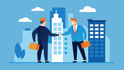 Two businessmen shake hands beside a large model and blueprints of a new apartment complex highlighting their successful partnership in real