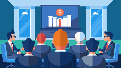 An elegant conference room filled with suited exeives all focused on a presentation about the best ways to save and invest money. A large bank - obrazy, fototapety, plakaty