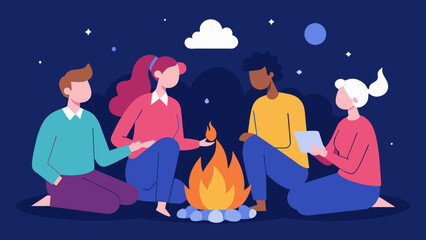 A group of coworkers bond over a bonfire sharing stories and marshmallows solidifying their relationships and team dynamic.