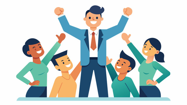 A CEO is leading a teambuilding exercise in the office with employees laughing and working together. The CEOs encouraging words and positive