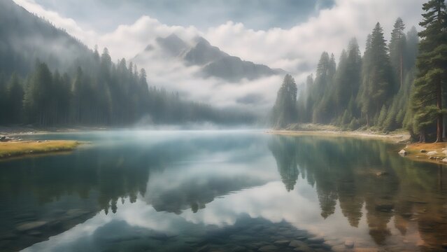 Lake in the mountains, foggy morning nature landscape, summer travel outdoor photo