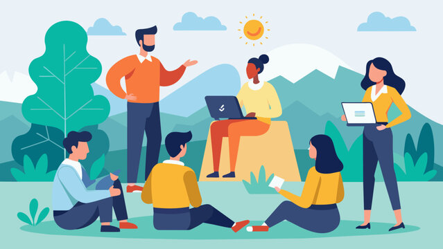 In a relaxed outdoor setting a team of coworkers participate in a leadership and team building workshop led by a skilled coach.