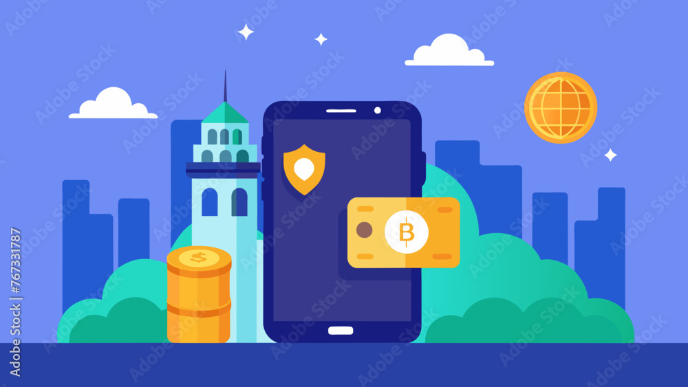Wall mural a smartphone displaying a secure cryptocurrency wallet with a background of international landmarks 