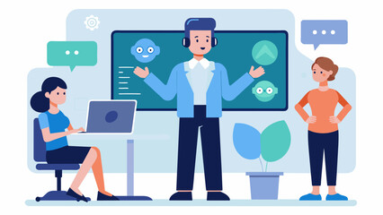 A young professional stands in front of a large monitor gesturing while speaking to a virtual assistant AI that is displayed on the screen. The