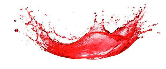 Red water splash with small bubbles isolated on transparent and white background. PNG. The liquid flows in the form of a wave.