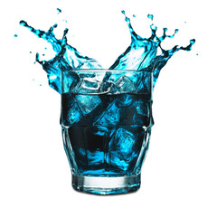 Drink blue, ice cubes in a glass with splashes isolated on a transparent and white background. PNG. - obrazy, fototapety, plakaty