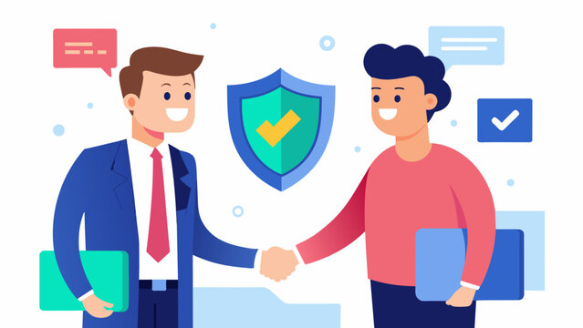 A satisfied client shaking hands with a cybersecurity expert impressed by the comprehensive protection provided by their newly installed