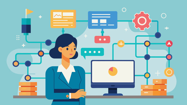 A businesswoman monitors a computer screen displaying a complex flowchart of automated manufacturing processes indicative of the efficiency and