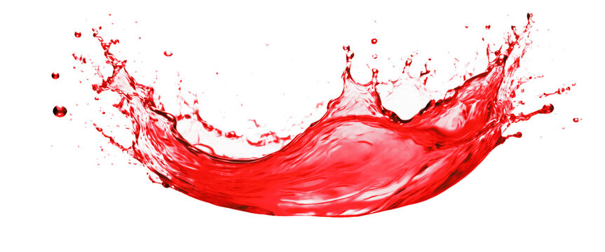 Red water splash with small bubbles isolated on transparent and white background. PNG. The liquid flows in the form of a wave.