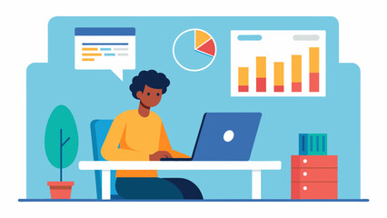 An employee sitting at their desk analyzing data sets and creating compelling visual presentations to present to the companys exeives.