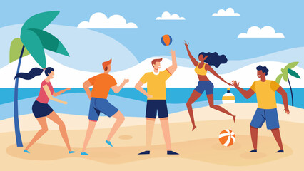 Employees participate in a friendly game of beach volleyball at a team building retreat enjoying some friendly competition and building - obrazy, fototapety, plakaty