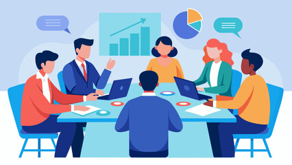 A group of business exeives gathered around a conference table analyzing and discussing a datadriven report on market trends and consumer - obrazy, fototapety, plakaty
