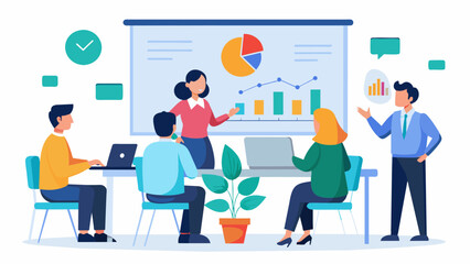 A professional meeting room with a whiteboard and charts where managers and employees engage in a constructive dialogue to discuss performance