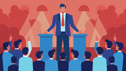 An exeive stands in front of a large audience delivering a powerful speech with confidence and conviction in their words. This represents a - obrazy, fototapety, plakaty