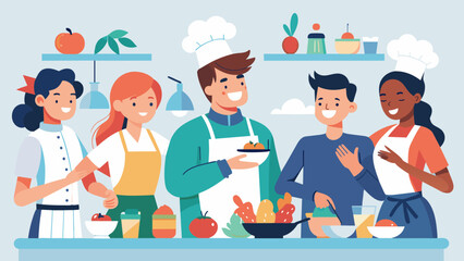An image of employees participating in a cooking class together promoting team bonding and encouraging employees to take a break from work to - obrazy, fototapety, plakaty