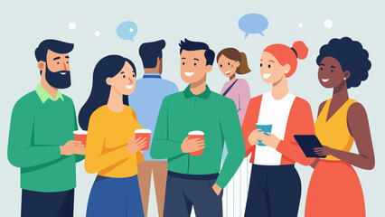 A company social event shows employees mingling with customers and engaging in casual friendly conversations strengthening their relationship - obrazy, fototapety, plakaty