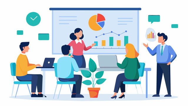 A professional meeting room with a whiteboard and charts where managers and employees engage in a constructive dialogue to discuss performance