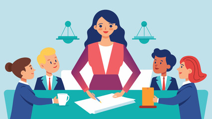 Standing at a large conference table a female CEO confidently presents a legal document to her team. Her poised confidence exudes her thorough