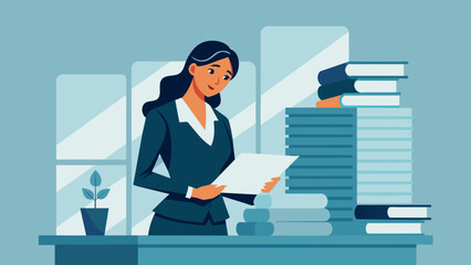 In a sleek modern office a woman in a sharp business suit scans through a stack of legal agreements. Her sharp attention to detail is evident