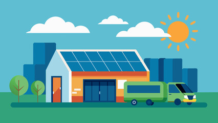 A photo of a warehouse with solar panels on the roof and an electric delivery van parked outside highlighting the use of renewable energy and - obrazy, fototapety, plakaty
