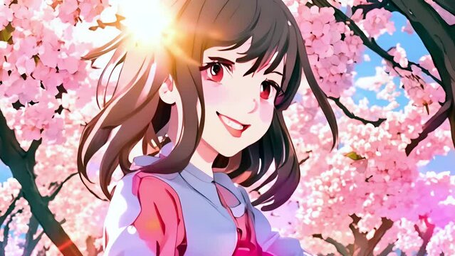 Dreamy girl smiling among cherry blossom trees on sunny spring day