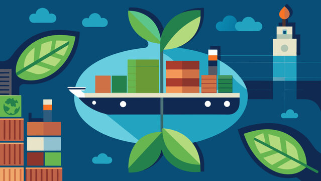 An overhead view of a cargo ship docked at a port surrounded by containers with the symbol of a leaf reflecting the implementation of