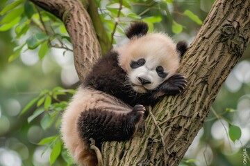 Obraz premium A sleeping panda cub curled up in a tree