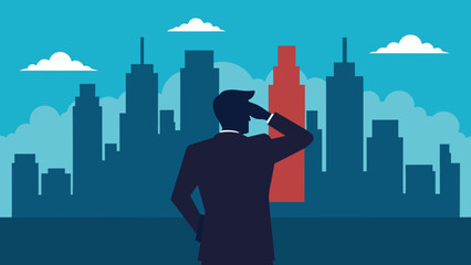 A silhouette of a businessperson looks towards a blurry cityscape symbolizing the need to have a clear vision and foresight in order to predict - obrazy, fototapety, plakaty