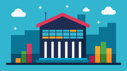 The headquarters of a successful company with a prominent digital display showcasing their current stock prices and financial standings.