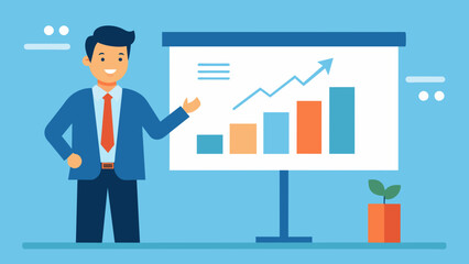 Fototapeta premium A businessman standing in front of a projection screen highlighting the positive ROI results from the latest company investments in a