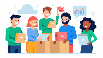 A smiling team of marketers eagerly unpack boxes filled with the latest marketing tools. The caption reads Stay ahead of the competition with - obrazy, fototapety, plakaty