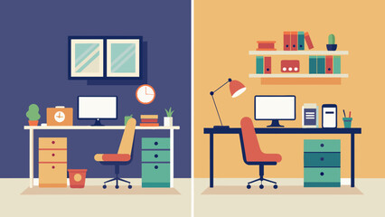 A sidebyside comparison of cluttered cubicles versus organized minimalist workstations highlights the impact of different office furniture - obrazy, fototapety, plakaty